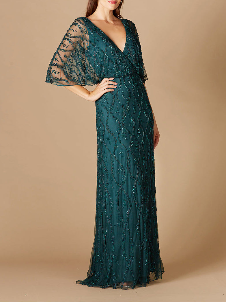 Illusion Cape Sleeve Beaded Gown