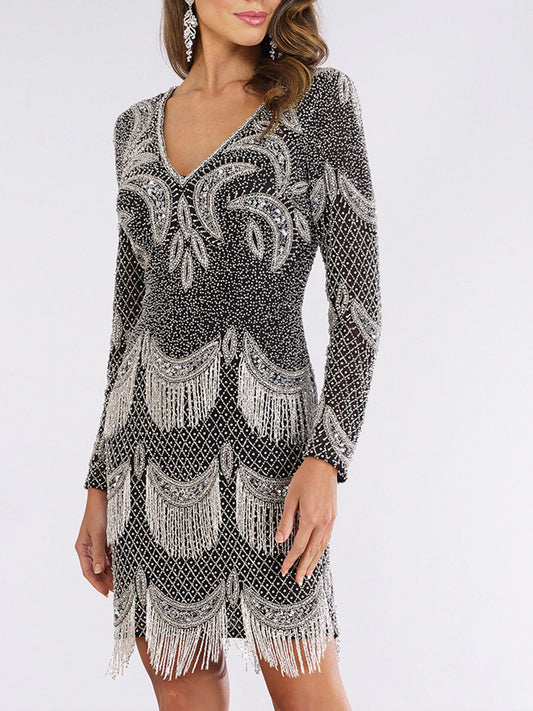 Lara 29377 - Long Sleeve Beaded V-Neck Fringe Cocktail Dress