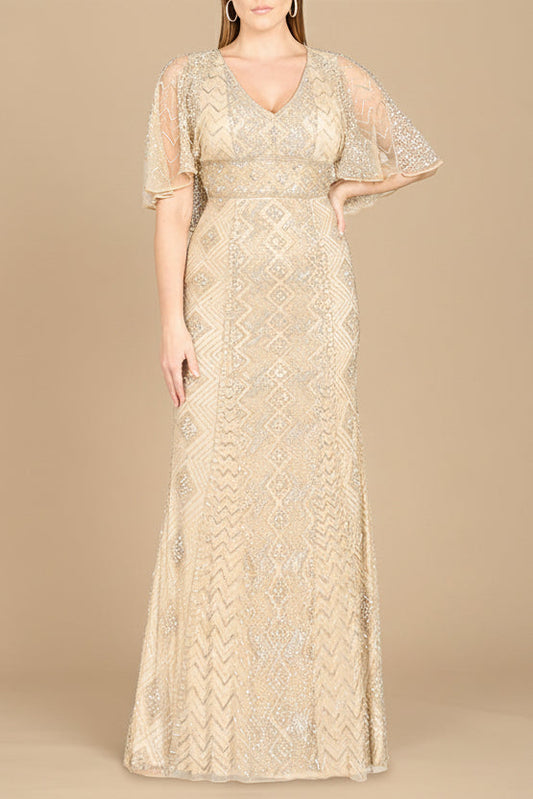 Lara 29397 - Cape Sleeve V-Neck Beaded Gown  - OUTLET