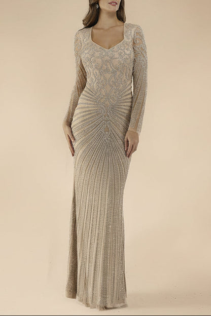 Lara 29602 - V Neck Beaded Long Sleeve Dress