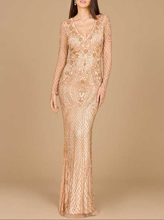 Lara 29615 - Long Sleeve Beaded Dress
