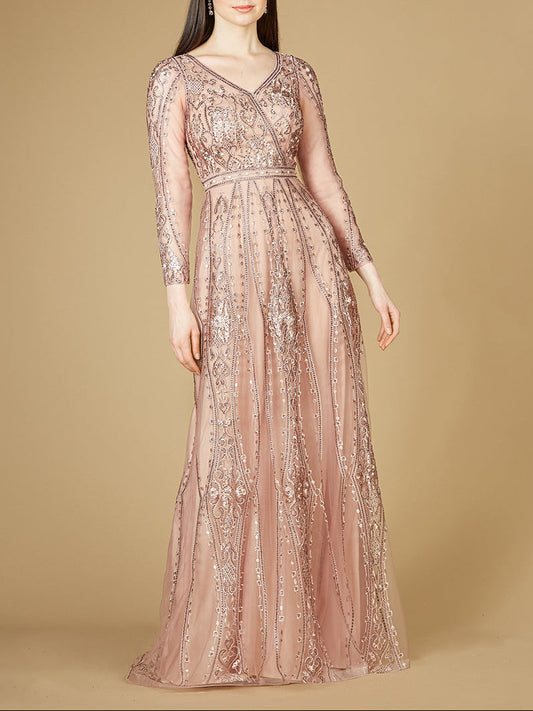 Lara 29788 - Long Illusion Sleeves, A-line Long Gown