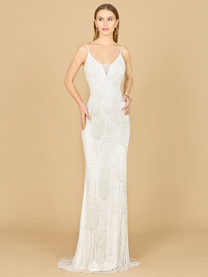 Lara Danika Floral Beaded Sheath Beaded Dress with Beaded Fringe