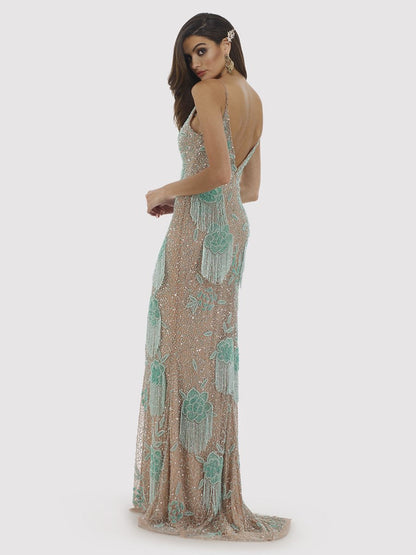 Lara Danika Floral Beaded Sheath Beaded Dress with Beaded Fringe