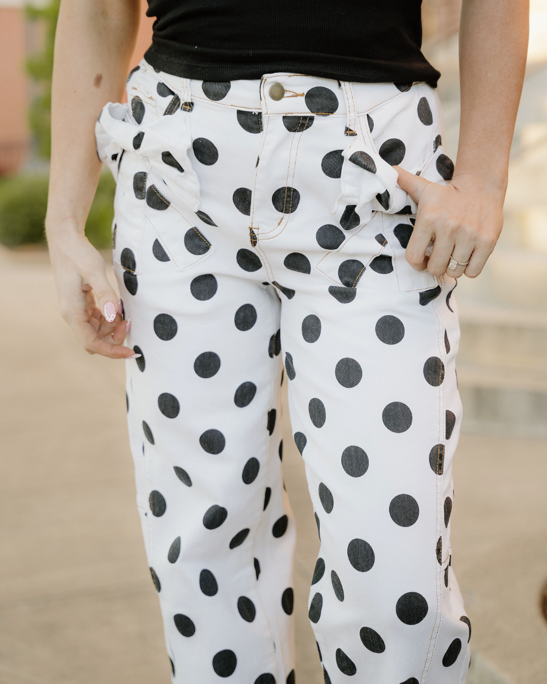 Polka Dot Print Bow Detail Pocketed Jeans