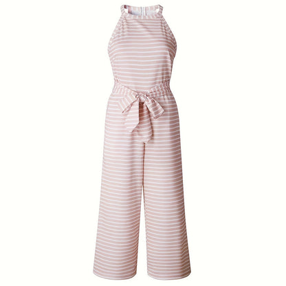 Casual Striped Jumpsuits Summer Cap Sleeve Wide Leg Jumper