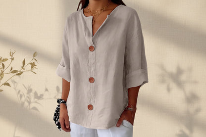 Women's V-Neck Cotton Linen Buttoned Blouse