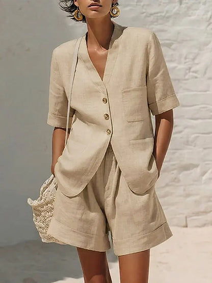 Women's Cotton-Linen Loose-Fit T-Shirt & Cropped Shorts Two-Piece Set