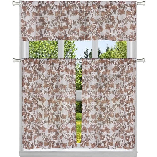 3-Piece: Chic Floral Pattern Semi-Sheer Kitchen Curtain Tier and Valance Set