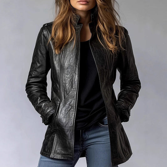 Vintage Style PU Jacket — Mid-Length Open Cardigan Leather Coat with Pockets