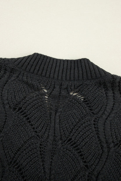 Black Hollow Out Knit V-neck Drop Shoulder Sweater