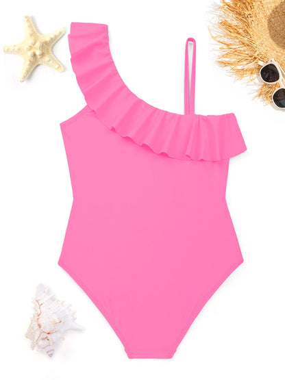 Cute Black Puppy Girls' Ruffled One-Piece Swimsuit (Front Printing)