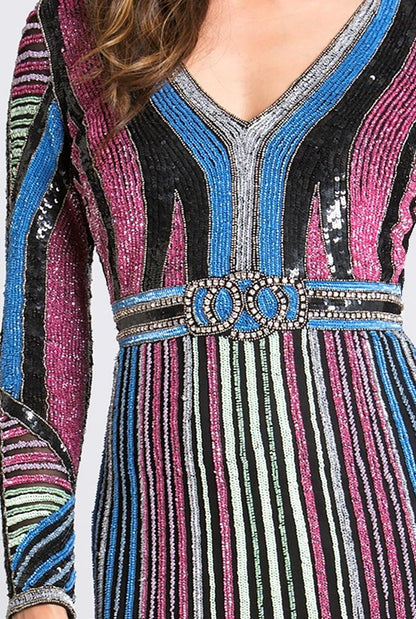 Lara 33541 - Multi Colored Sequin Long Sleeve Dress OUTLET