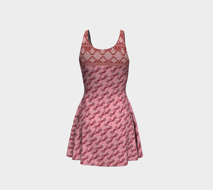 Red and Pink Design with Border Short Flare Dress