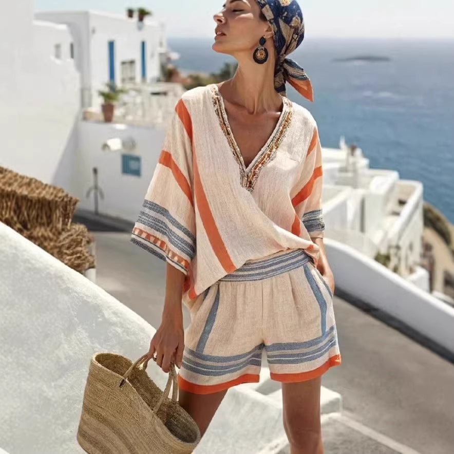 Women's Cotton Striped V Neck Top and Shorts Set