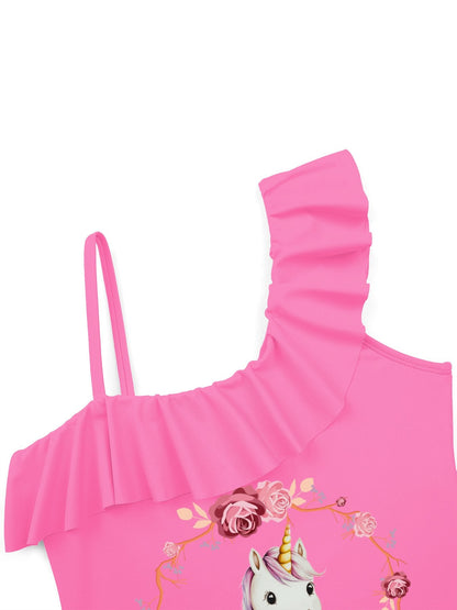 Baby Unicorn with Pink Roses Girls' Ruffled One-Piece Swimsuit (Front Printing)