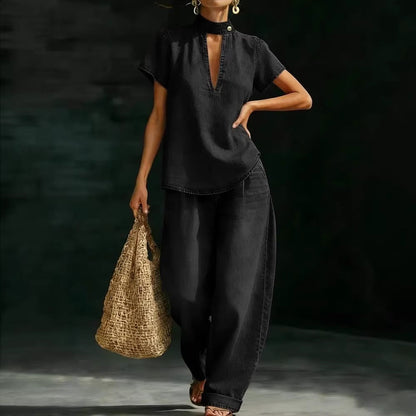 Faux Denim Two-Piece Set – Loose-Fit Short-Sleeve & Pants