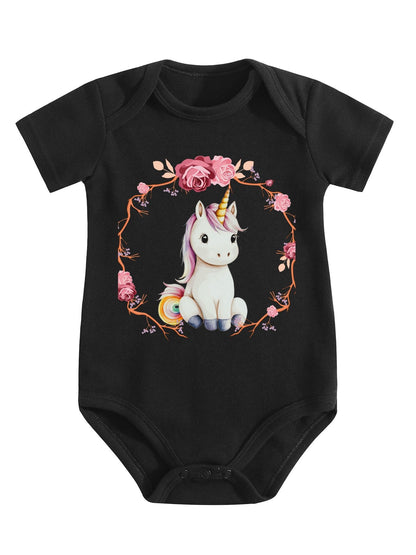 Baby Unicorn with Pink Roses Unisex Cotton Short Sleeve Baby Romper