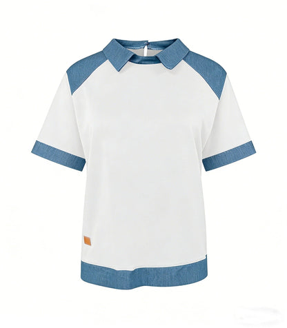 Patchwork Knitted Shirt Short-Sleeve Lapel Button-Up Shirt For Women