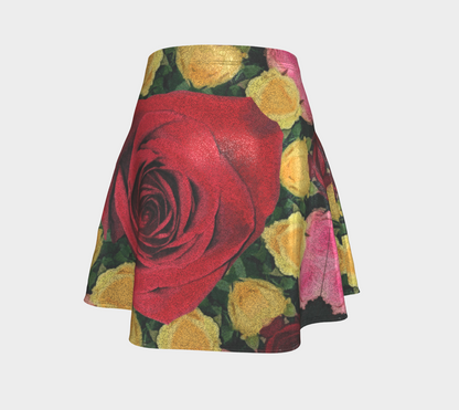 Red and Yellow Roses Flare Short Skirt
