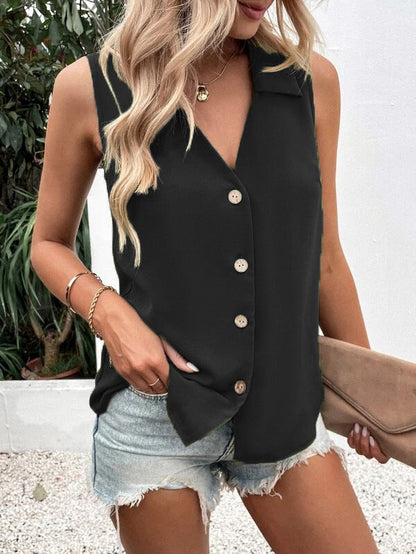 Women's Solid-Color Sleeveless Loose Vest Top – Button Detail