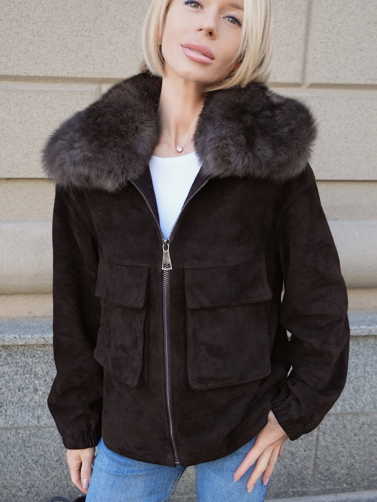 Nebraska Genuine Suede Polar Fox Trim Jacket in Cognac