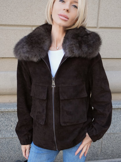 Nebraska Genuine Suede Polar Fox Trim Jacket in Cognac