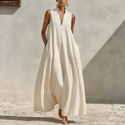 Linen Blend Sleeveless Stand-Collar Maxi Dress – 5 Colors S–3XL