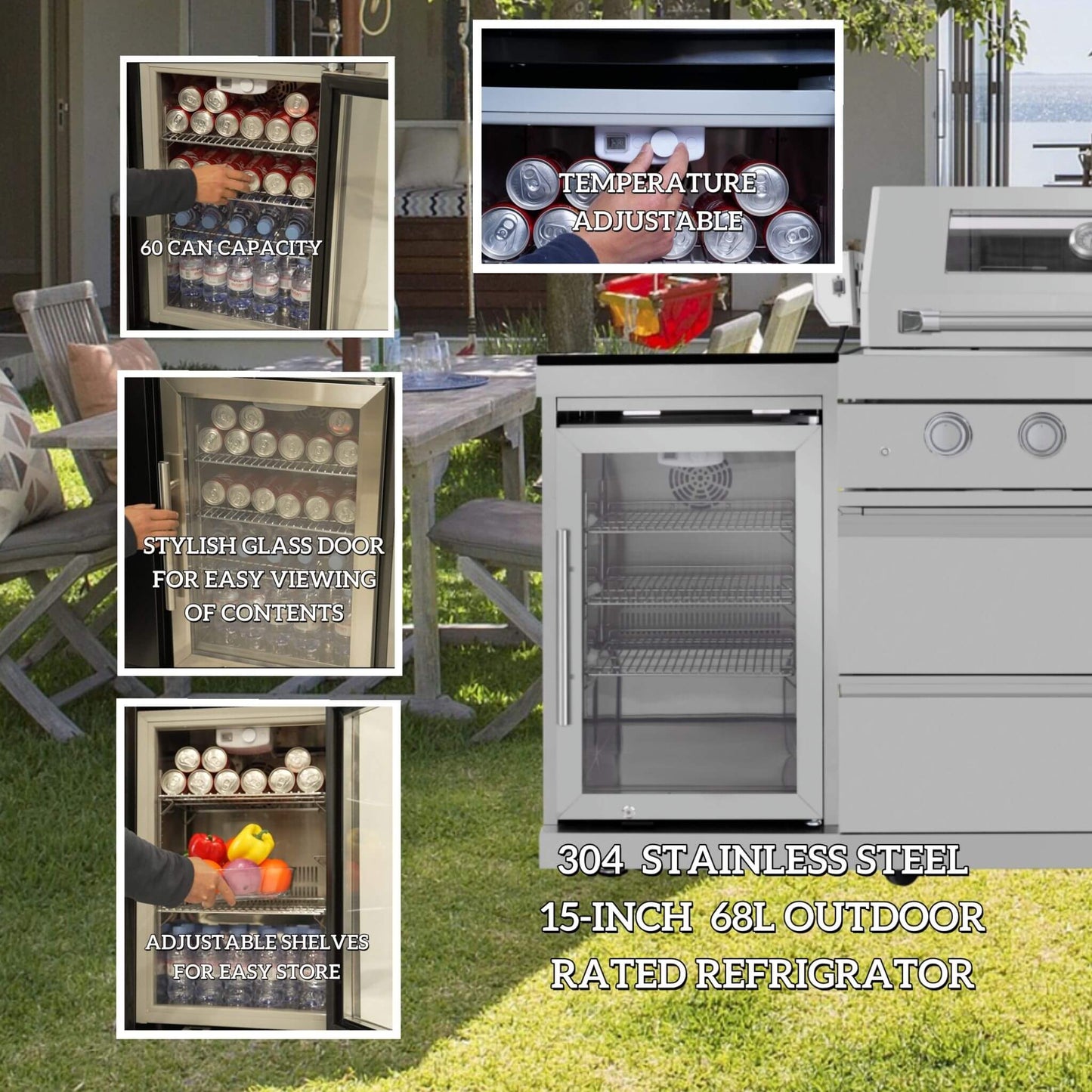 Castelle Flame Verona 44-Inch 6-Burner 85K BTU Stainless Steel Outdoor BBQ Kitchen Grill Island With Wine Cooler, Rotisserie Kit, And Storage Cabinets (SAK97105)