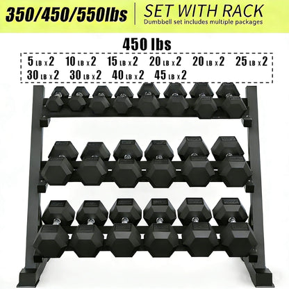Rovix 450-Pounds Rubber Hex Dumbbell Set With Rack (SAK90714)