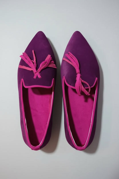 Women's Suede Pointed Toe Tassel Flats – Shallow Mouth Low Heel Casual Shoes