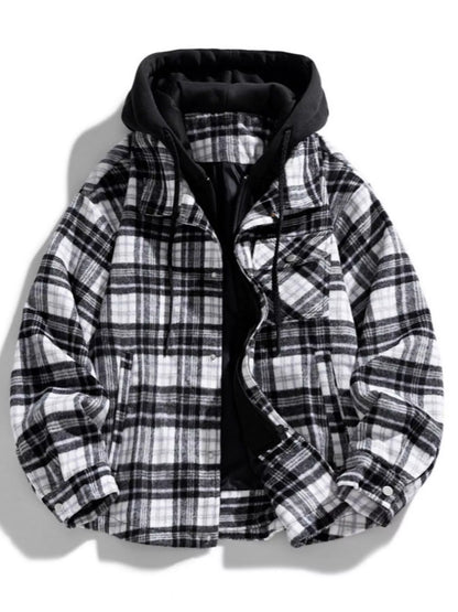 Men's Plus Size Drawstring Hooded Plaid Shirt Jacket