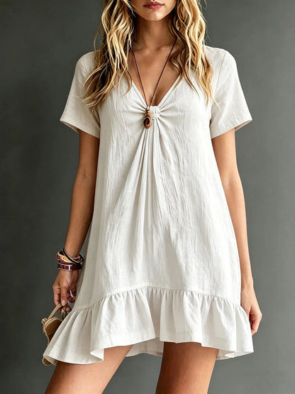Women's V-Neck Short-Sleeve Midi Dress – Ice Silk Crepe Loose Casual