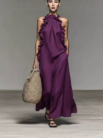 Halter Neck Ruffled Sleeveless Dress – Loose Fit Flowy Dress With Pockets