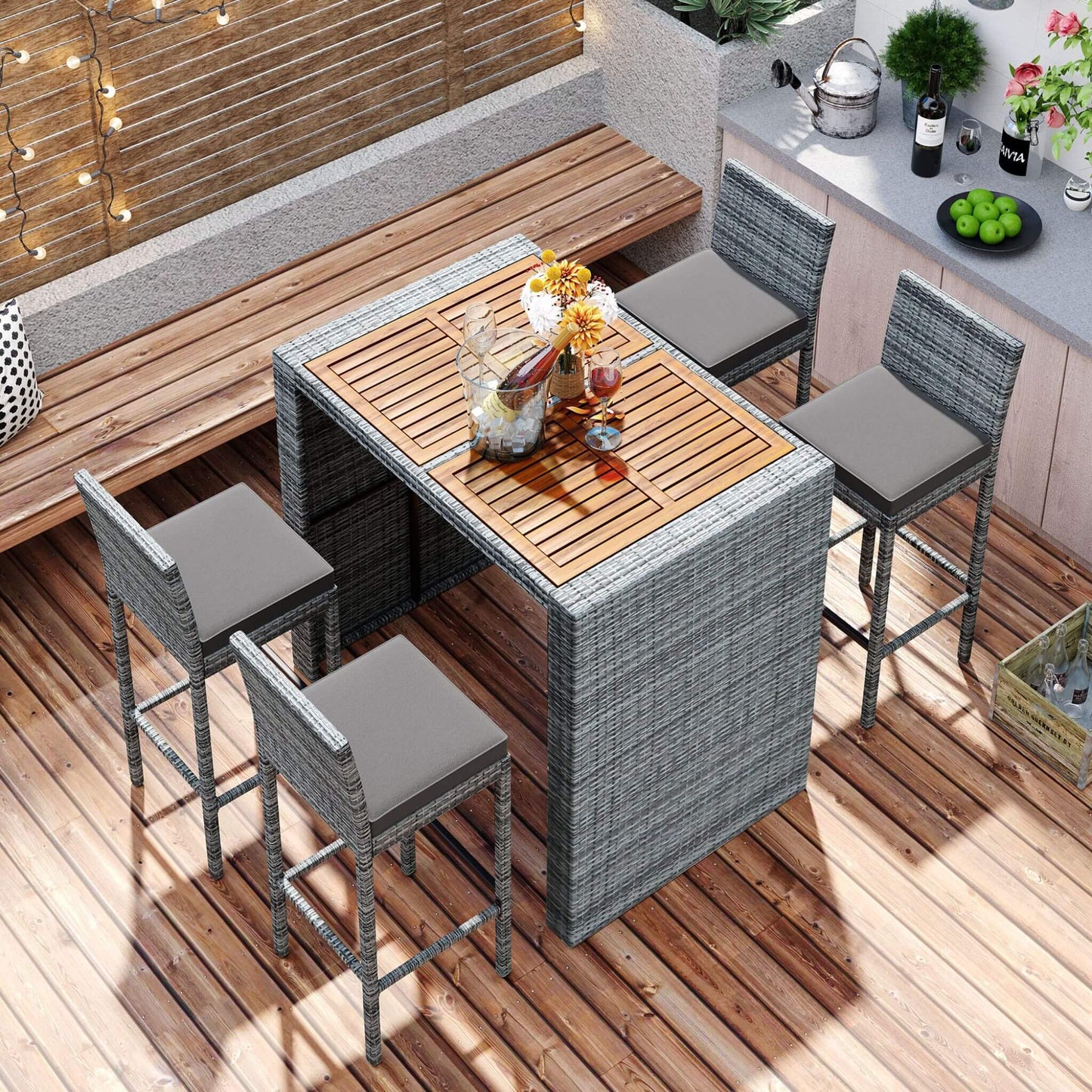 Alora 5-Piece Wicker Patio Bar Set With Cushions & Acacia Table (SAK26801)