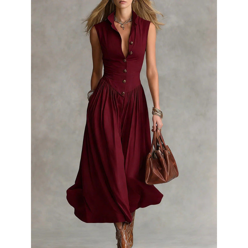 Sleeveless V-Neck Button Maxi Dress