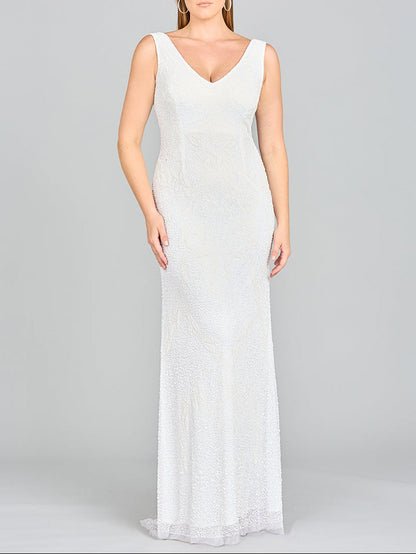 Lara Erika Beaded Draped Cowl Back V-Neck Wedding Dress