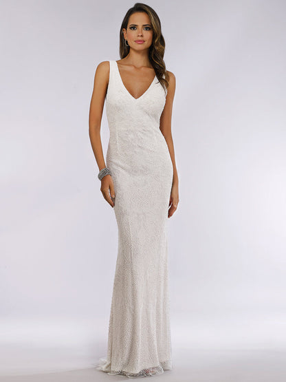 Lara Erika Beaded Draped Cowl Back V-Neck Wedding Dress