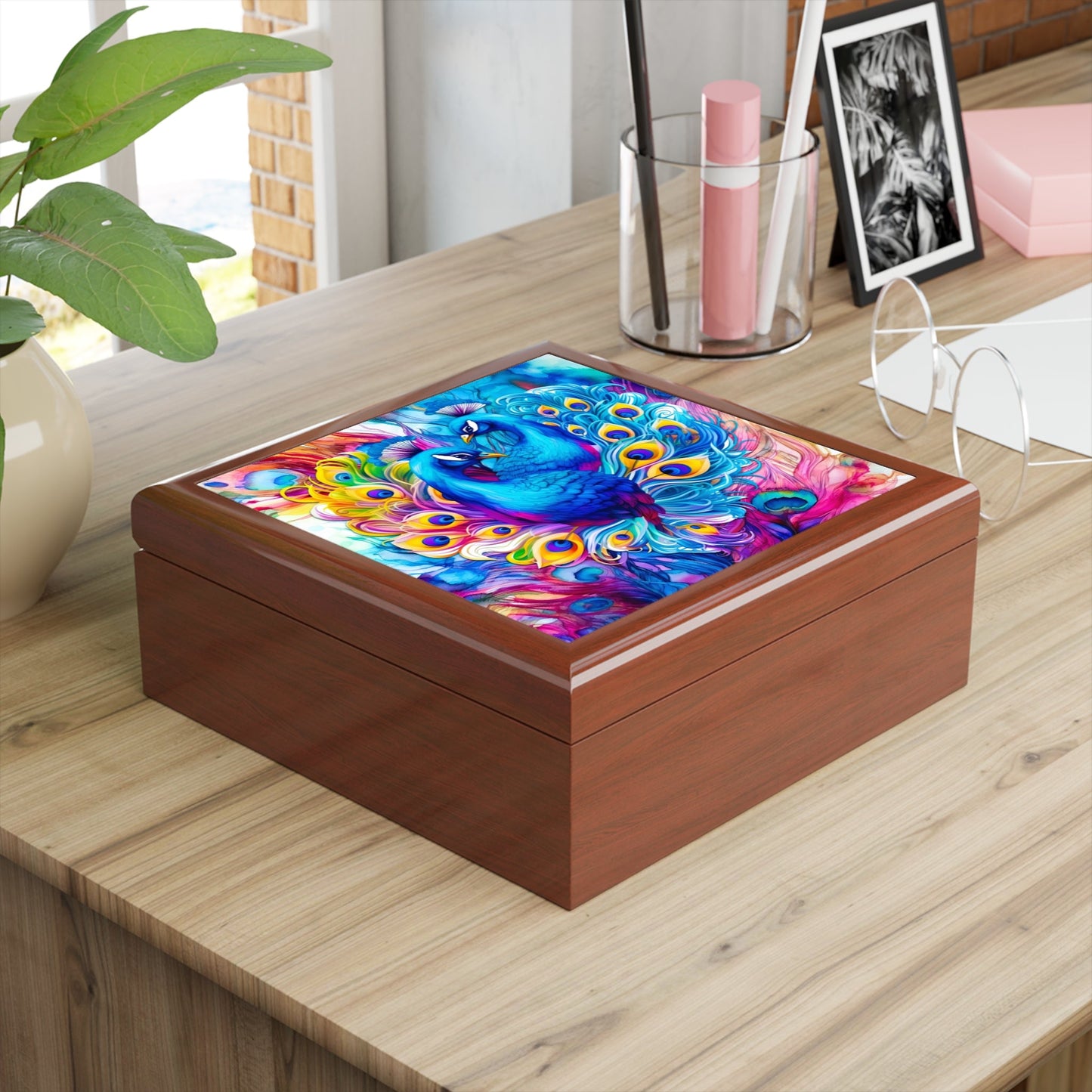 Beautiful Blue Peacocks in Heart Jewelry Box