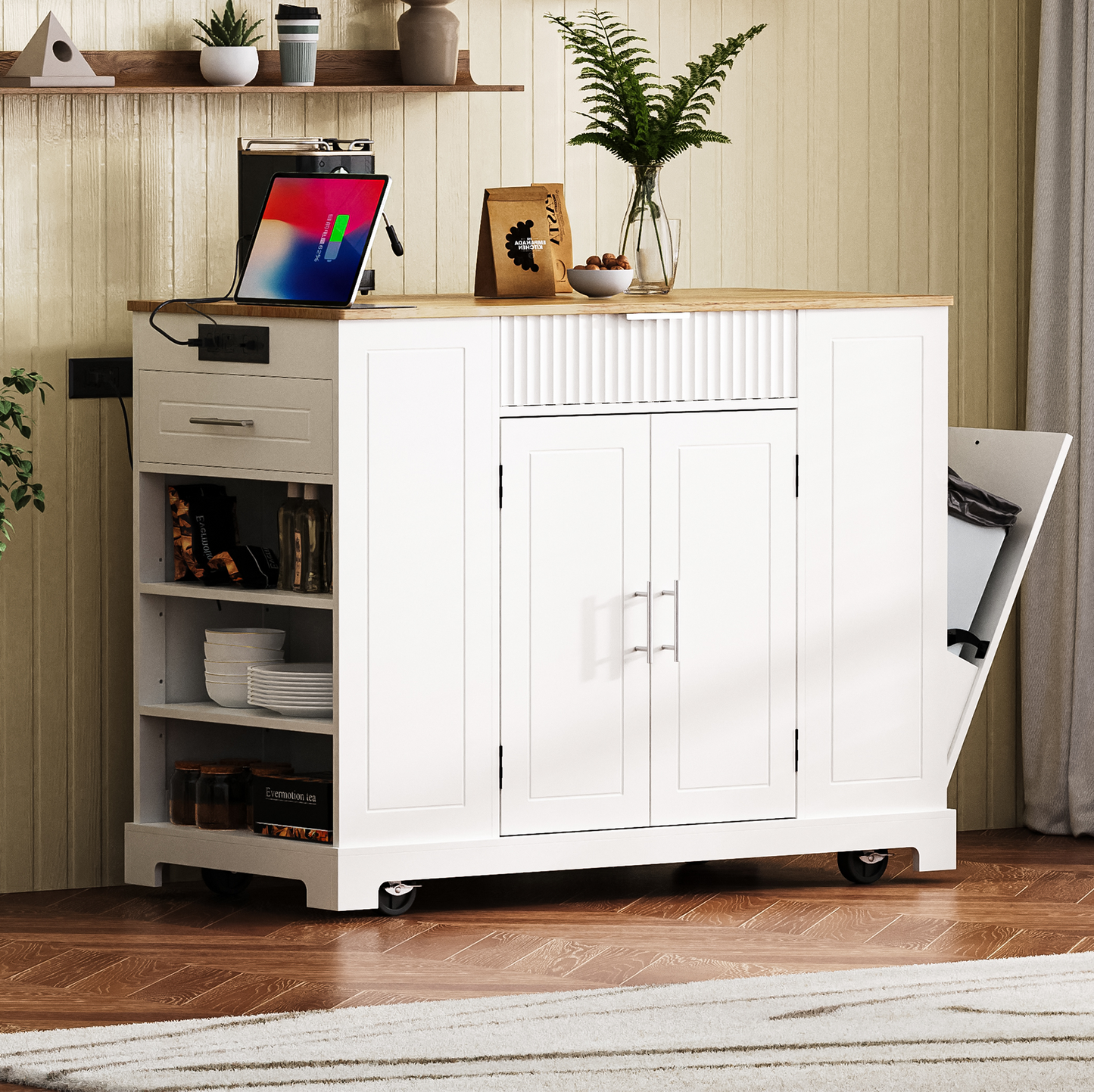 K&K Fluted Kitchen Island with Trash Can Storage Cabinet, Power Outlet, Internal Storage Rack, Rolling Kitchen Islands on 5 Wheels with 3 Drawer, 3 Open Side Racks for 10 Gallon Garbage Bin, White