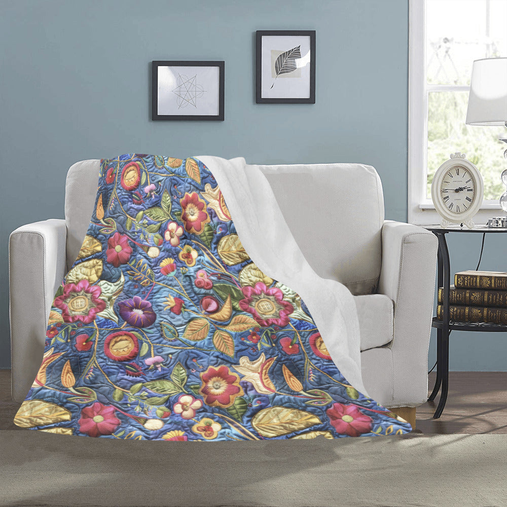 Blue Faux Hand Embroidery Ultra-Soft Micro Fleece Blanket (Made in USA)