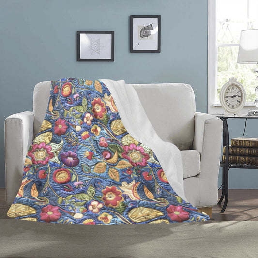 Blue Faux Hand Embroidery Ultra-Soft Micro Fleece Blanket (Made in USA)