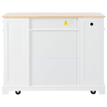 K&K Fluted Kitchen Island with Trash Can Storage Cabinet, Power Outlet, Internal Storage Rack, Rolling Kitchen Islands on 5 Wheels with 3 Drawer, 3 Open Side Racks for 10 Gallon Garbage Bin, White