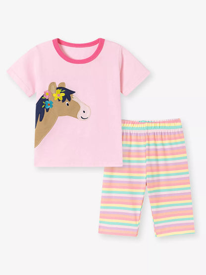 Children's Horse Applique Top & Rainbow Striped Pants Set