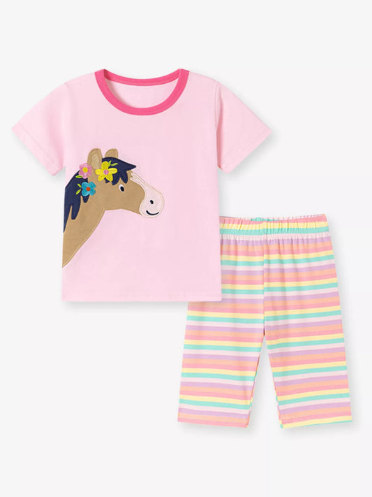 Children's Horse Applique Top & Rainbow Striped Pants Set