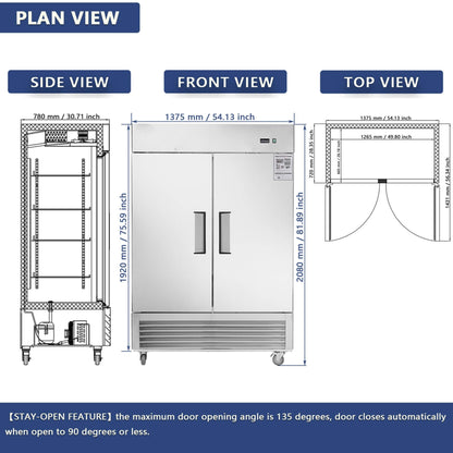 54-Inch 42.2 Cu.Ft Commercial Stainless Steel 2-Section Upright Reach-In Freezer (SAK35148)