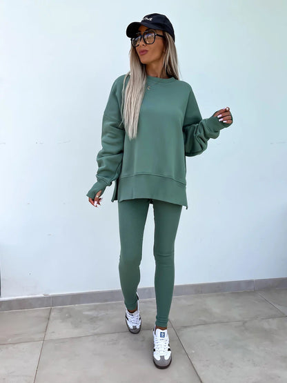 Women’s Casual Sweater Suit – Loose Split Top & Fitted Trousers Set