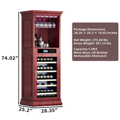 Nuvia 56-Bottle 7.5 Cu.Ft Single-Zone Multi-Tiered Wooden Wine Cooler Cabinet With Humidity And Temperature Controls (SAK73195)