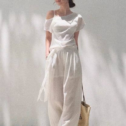 Linen Off-Shoulder Asymmetric Casual Set – 2 Colors, S–L