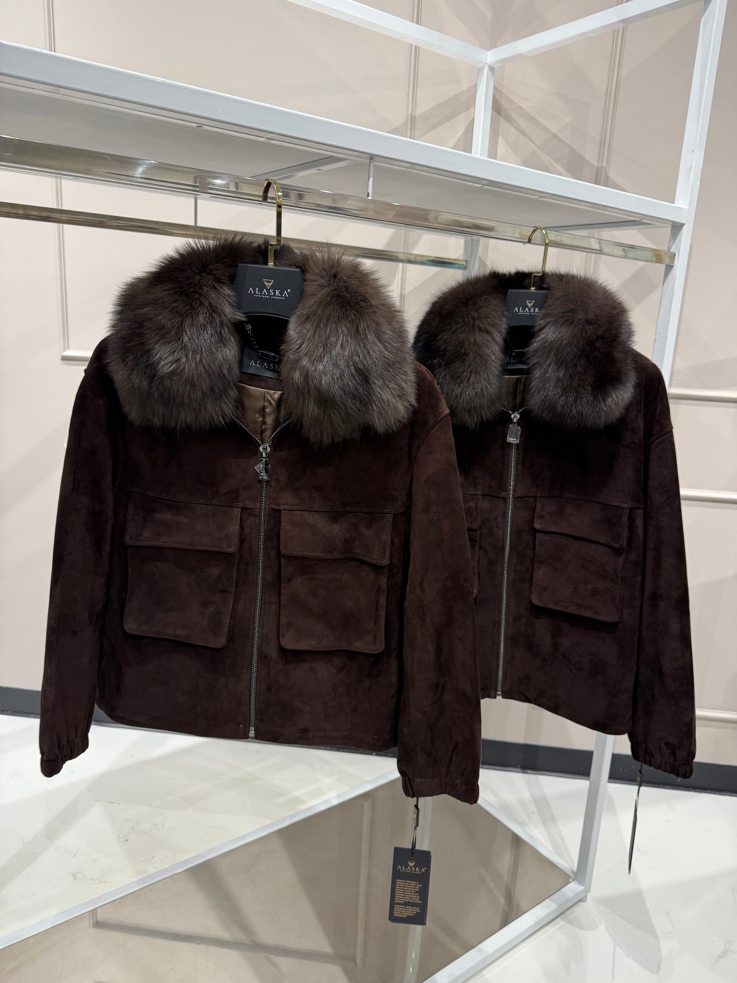 Nebraska Genuine Suede Polar Fox Trim Jacket in Cognac